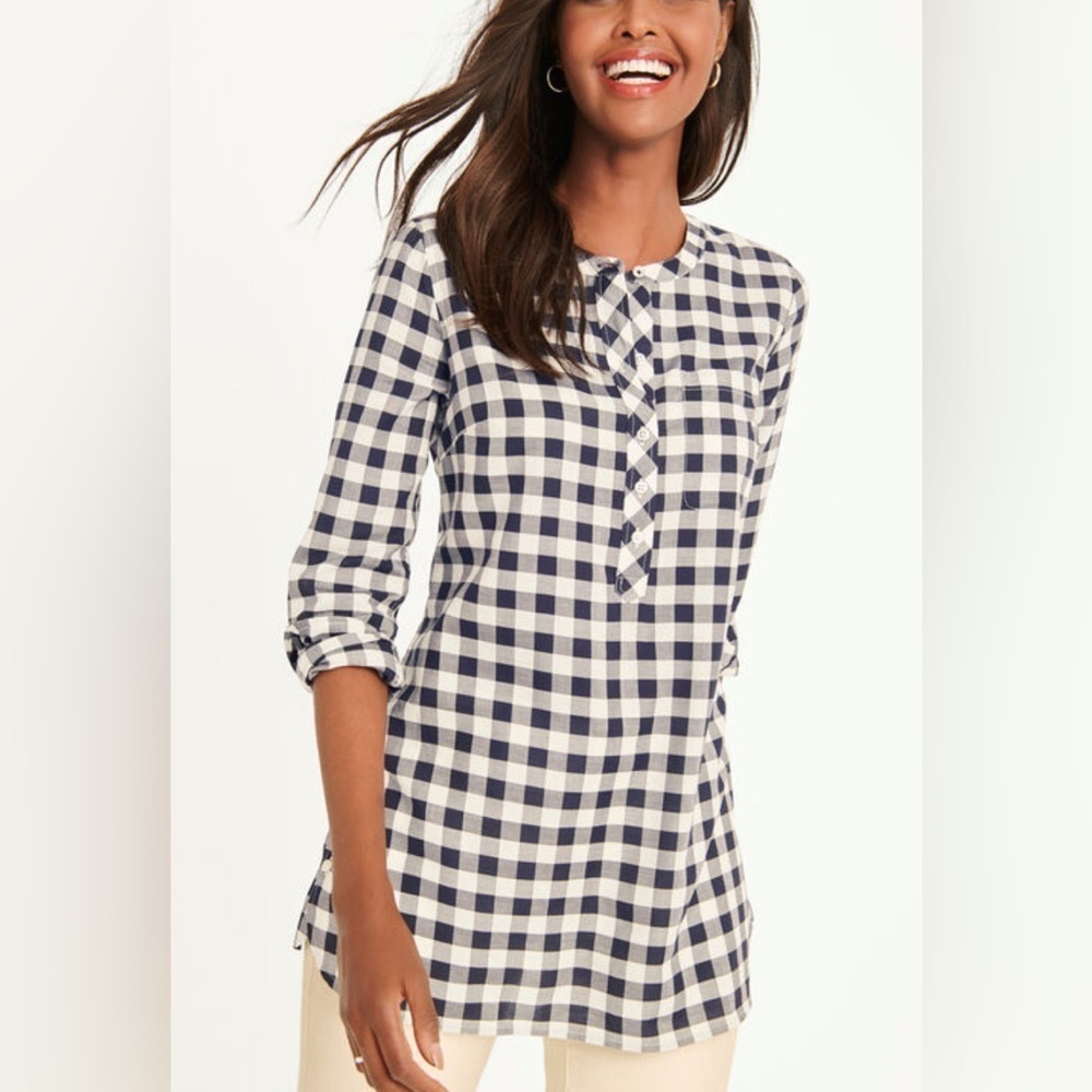 Talbots Cotton Band Collar Popover Navy Blue White Gingham Plaid Shirt Top Sz MD